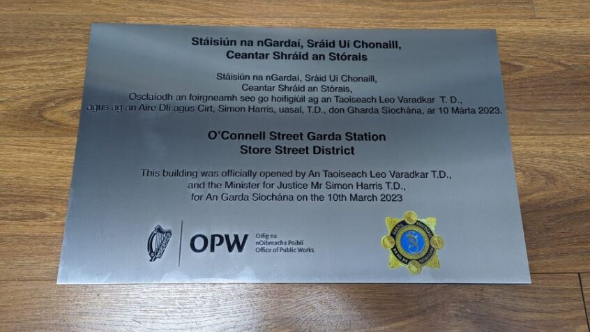 Official Opening Plaque Garda O'Connell Street